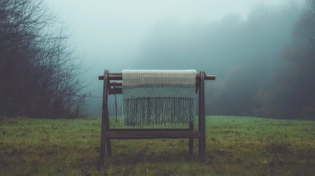 A serene misty morning scene featuring a loom set against a fog-covered landscape with green grass and distant trees, evoking creativity and tranquility.の素材