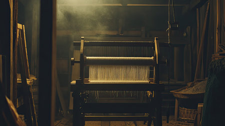 This image showcases a vintage loom set in a rustic workshop, illuminated by soft light that creates a captivating ambiance and highlights the artistry of weaving.の素材