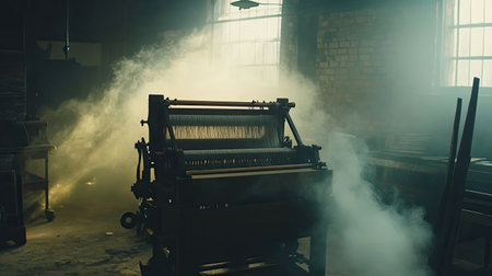 An old industrial workshop with vintage machinery enveloped in soft mist and illuminated by gentle lighting, creating a nostalgic atmosphere.の素材