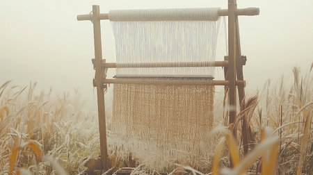 A serene traditional loom stands in a misty field at dawn, surrounded by frosty grass, showcasing the beauty of textile crafting in nature's tranquility.の素材