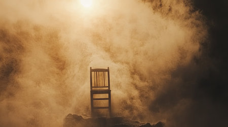 A solitary wooden chair emerges through a veil of mist, illuminated by soft golden light, creating a tranquil and ethereal atmosphere in nature.の素材