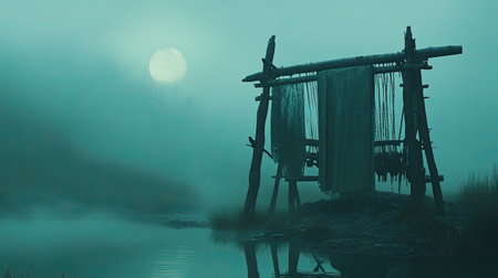 This captivating scene depicts a rustic wooden structure illuminated by the moonlight, set against a serene misty landscape by a tranquil body of water.の素材