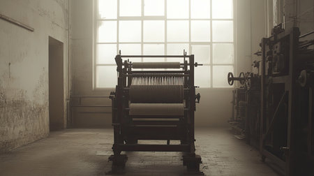 A solitary industrial machine stands in an abandoned workshop, illuminated by soft sunlight filtering through dusty windows, creating a nostalgic atmosphere.の素材