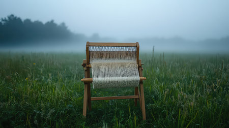 A beautiful handmade loom chair rests in a serene misty grass field, surrounded by soft fog and a tranquil atmosphere, perfect for crafting or relaxation.の素材
