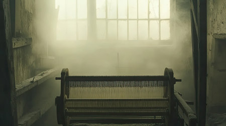 A serene, atmospheric scene featuring an old weaving loom in a dimly lit workshop. Mist and dust enhance the vintage charm, with sunlight streaming through the windows.の素材