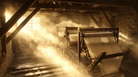 A captivating interior of a vintage weaving workshop, filled with sunlight and dust particles, highlighting traditional craftsmanship and serene atmosphere.の素材