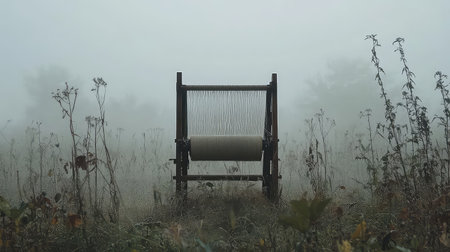 An atmospheric image of an old loom standing in a misty field, surrounded by tall grass. The soft fog enhances the tranquil and serene ambiance, perfect for showcasing rural artistry.の素材