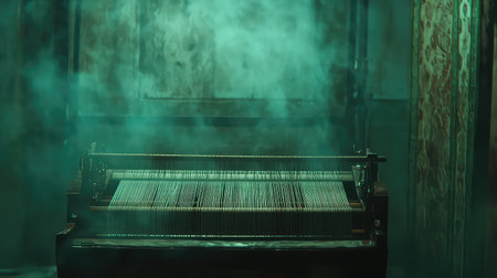 An atmospheric image of an old loom surrounded by fog, capturing the essence of craftsmanship and mystery in a vintage setting. The soft lighting and textured background enhance the enchanting mood of the scene.の素材