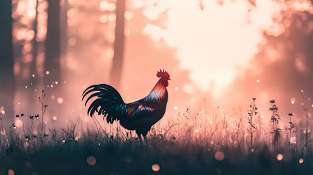 A striking silhouette of a rooster stands majestically in a misty meadow at sunrise, surrounded by a soft, glowing atmosphere. The golden light creates a serene ambiance, capturing the essence of rural beauty.の素材