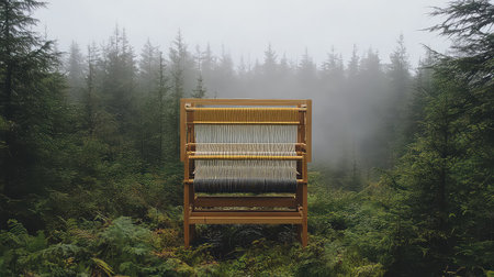 This captivating image features a unique wooden loom in a foggy forest, surrounded by lush vegetation and towering trees, creating a serene atmosphere.の素材