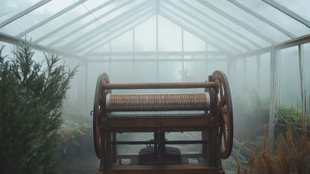 A serene image of a vintage wooden gardening tool inside a misty greenhouse. The atmospheric scene captures lush greenery, creating a peaceful gardening environment.の素材