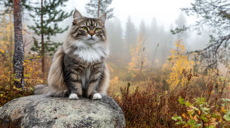 A beautiful cat perched on a large rock in a misty forest, showcasing its fluffy fur and striking eyes amidst vibrant autumn foliage, creating a tranquil atmosphere.の素材