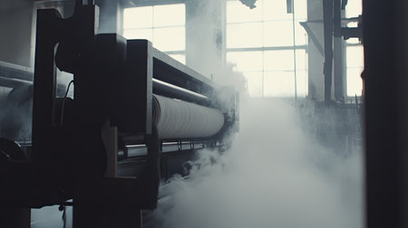 This close-up image features industrial machinery operating in a factory, surrounded by steam and shadows. The juxtaposition of light and vapor creates a dynamic atmosphere, capturing the essence of manufacturing.の素材