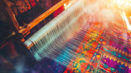 This image captures the intricate process of weaving on an artisan loom, showcasing colorful threads and patterns in a warm, inviting setting.の素材