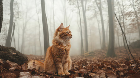 A stunning ginger cat sits elegantly in a misty forest, surrounded by fallen leaves and towering trees, embodying tranquility and natural beauty in its serene environment.の素材