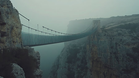 A breathtaking view of a majestic suspension bridge spans across rocky cliffs shrouded in fog, creating a serene and dramatic atmosphere in nature.の素材