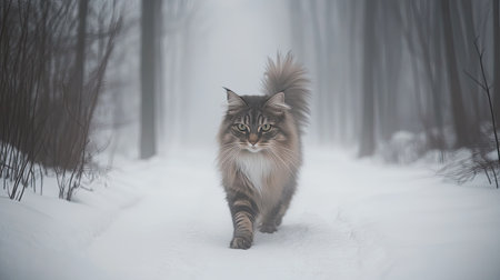 A majestic cat strides confidently through a serene snow-covered forest, enveloped by a mystical fog, blending nature with tranquility.の素材