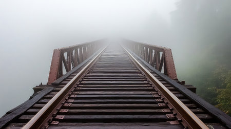 A captivating view of a railway bridge enveloped in thick fog, creating a mysterious atmosphere. The wooden and steel tracks lead into the unknown, inviting exploration.の素材