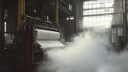 This image showcases industrial machinery emitting steam within a workshop, capturing the essence of manufacturing processes and the dynamics of production.の素材