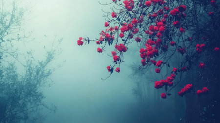 A serene landscape featuring bright red flowers against a misty forest backdrop creates a dreamy atmosphere. Ideal for nature-themed projects.の素材