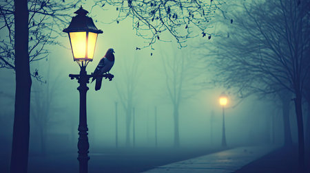 A tranquil scene of a fog-enveloped park captures a lamp post glowing softly beside a solitary bird. The setting evokes mystery and serenity.の素材