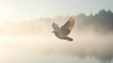 A stunning bird glides gracefully over a serene lake enveloped in mist during dawn, capturing the essence of peace and nature's beauty in soft light.の素材