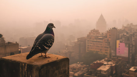 A serene moment featuring a pigeon sitting on a ledge, surrounded by a hazy cityscape at sunset, offering a glimpse of urban life and nature.の素材