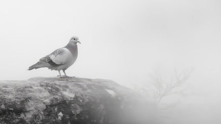 A calm pigeon rests on a rocky surface, enveloped in a soft fog that creates a serene atmosphere. The monochrome effect highlights the delicate details of the bird.の素材