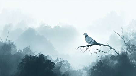 This artistic image showcases a solitary bird resting on a branch in a misty forest, creating a tranquil and serene atmosphere in nature.の素材