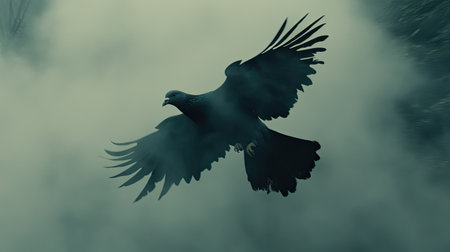 A striking black bird of prey soars elegantly through a fog-laden landscape at dusk, embodying freedom and mystery in a serene natural setting.の素材
