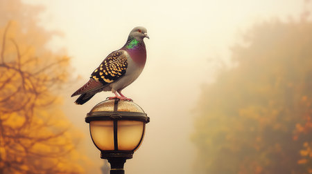 A striking image of a colorful pigeon calmly perched on a vintage lamp post, enveloped in a misty atmosphere with an autumnal backdrop filled with blurred foliage.の素材