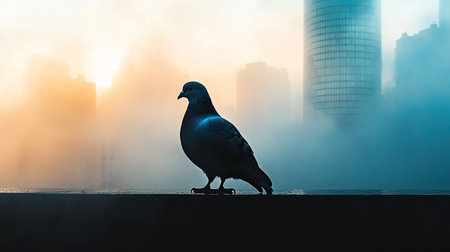 A serene silhouette of a bird perched on a ledge, with a misty city skyline at dawn creating a peaceful atmosphere filled with soft light.の素材