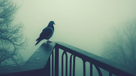 A solitary pigeon stands elegantly on a railing, set against a dreamy, foggy backdrop, capturing the essence of tranquility and peace in nature.の素材