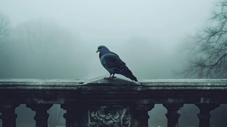 A solitary pigeon rests on a stone railing in a foggy morning setting, creating a serene atmosphere filled with tranquility and quiet beauty.の素材