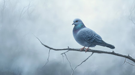 This image captures a tranquil blue gray bird perched on a branch, surrounded by a soft misty background that enhances the serene atmosphere of nature.の素材