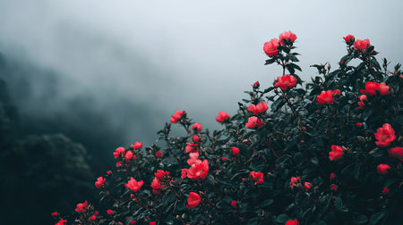 A breathtaking view of vibrant red flowers blooming amidst a gentle mist, creating a serene atmosphere in a beautiful natural landscape.の素材