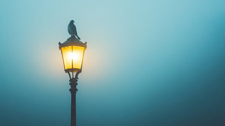 A serene scene of a bird perched on a glowing lantern, surrounded by a thick mist, creating an enchanting atmosphere in an urban setting.の素材