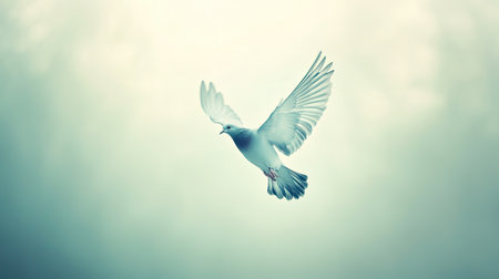 A stunning image of a white bird gracefully soaring through a soft, cloudy sky, ideal for conveying themes of peace, freedom, and tranquility in nature.の素材