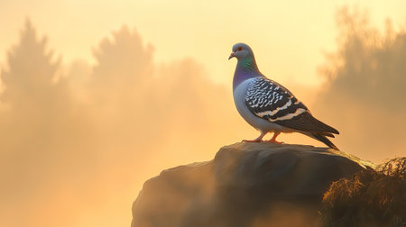 A striking image of a pigeon perched on a rock, illuminated by the warm light of sunrise. The misty background enhances the serene beauty of this scene.の素材