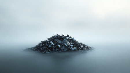 This image captures a striking pile of electronic waste surrounded by a thick fog, highlighting the urgent environmental crisis and need for sustainable solutions.の素材