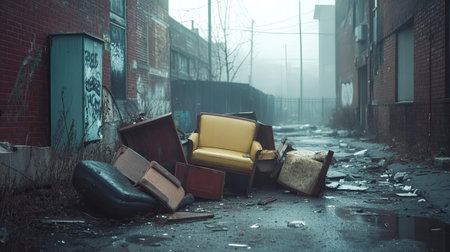 A striking scene showcasing a pile of neglected furniture, including a distinct yellow chair, amidst a foggy urban environment, highlighting decay.の素材