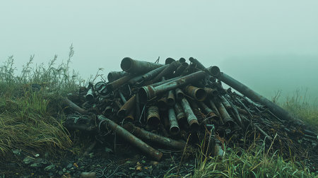 A striking image of a pile of abandoned industrial pipes in a foggy setting, surrounded by overgrown grass, evoking themes of decay and neglect.の素材