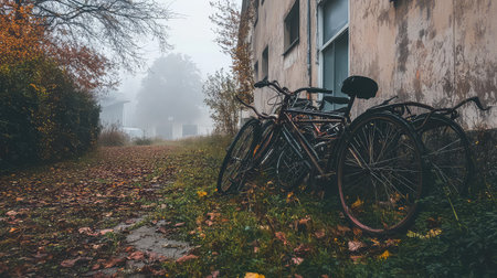 This image captures a serene scene of vintage bicycles resting against an old building, enveloped in fog with autumn leaves on the ground, evoking nostalgia.の素材