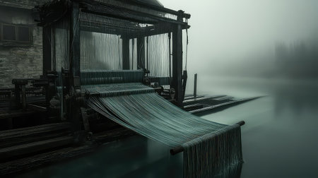 A tranquil scene depicting a traditional loom beside calm water, enveloped in fog. The soft light creates a serene atmosphere for artistic expressions and crafts.の素材