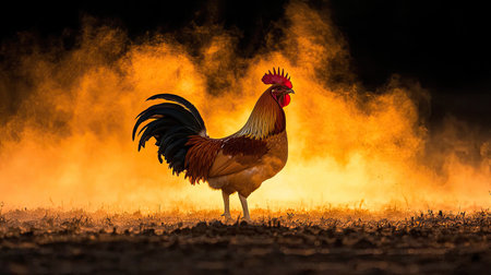 This striking image features a majestic rooster standing proud against a dramatic sunset backdrop, with dust swirling around, creating a captivating rural scene.の素材