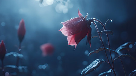 A stunning close-up of a vibrant rose adorned with delicate water droplets, set against a softly blurred background and mist, creating a serene atmosphere.の素材