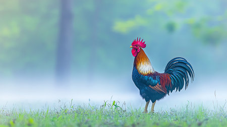A stunning rooster stands proudly on dew-kissed grass in a misty morning landscape, showcasing its vibrant and colorful plumage against a soft green backdrop.の素材