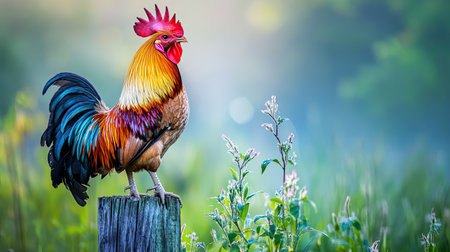A stunning rooster stands proudly on a weathered post in a lush green field at sunrise, showcasing its vibrant feathers amidst a serene background, evoking a sense of tranquility.の素材