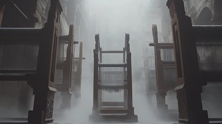 An atmospheric view of traditional looms in an old workshop, enveloped by mist, creating a serene and nostalgic ambiance perfect for textile art inspiration.の素材