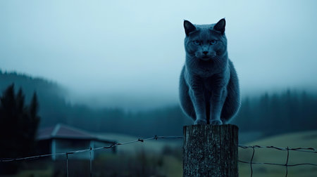 A captivating grey cat perched on a wooden post amidst a foggy landscape at dusk, exuding a sense of calm and mystery in the rural setting.の素材